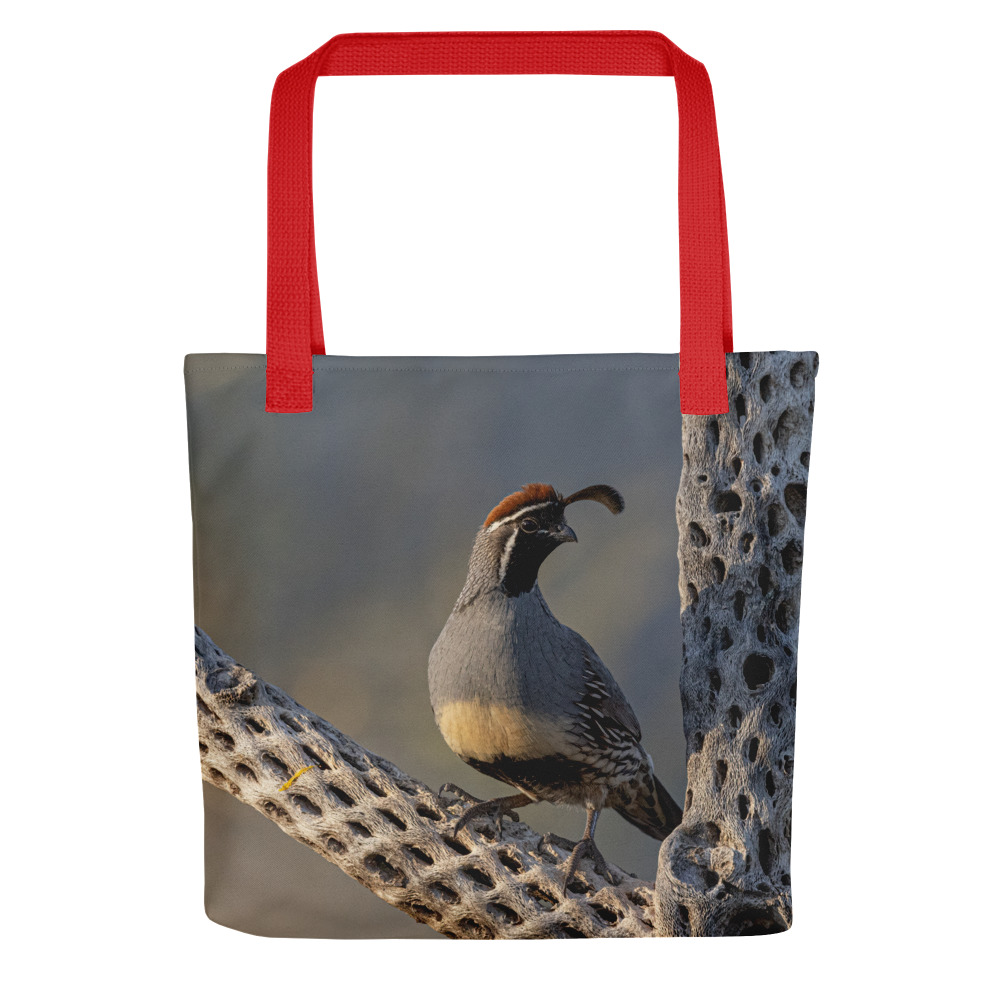 Quail On Cholla by Leslie Leathers Photography | Tote Bag