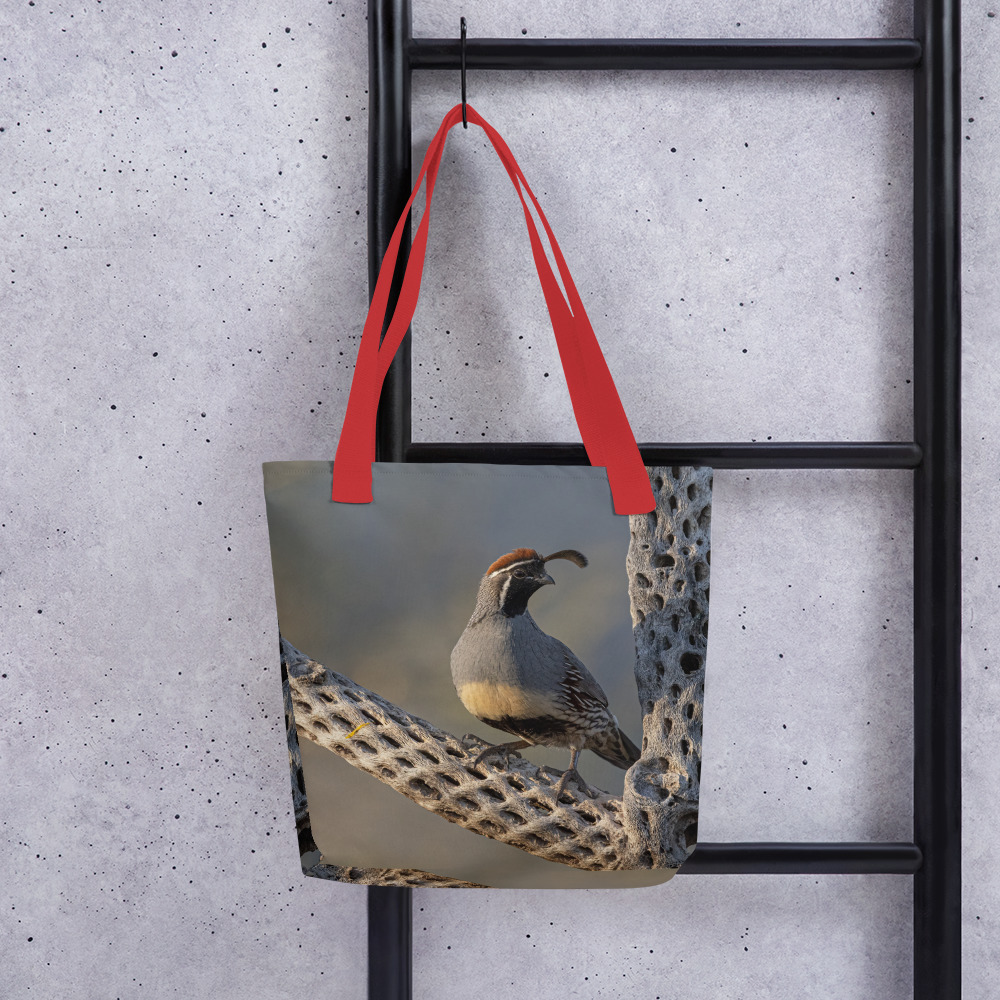 Quail On Cholla by Leslie Leathers Photography | Tote Bag