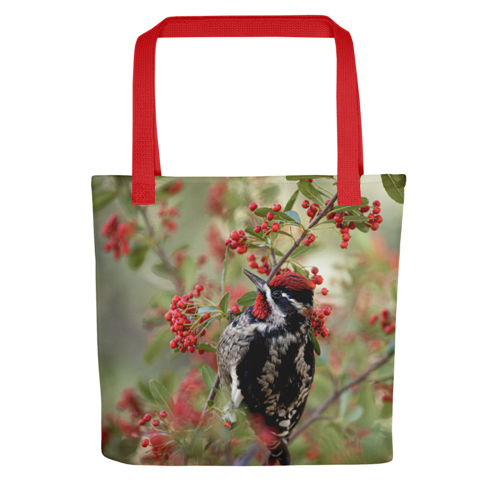 Red Naped Sapsucker by Leslie Leathers Photography | Tote bag
