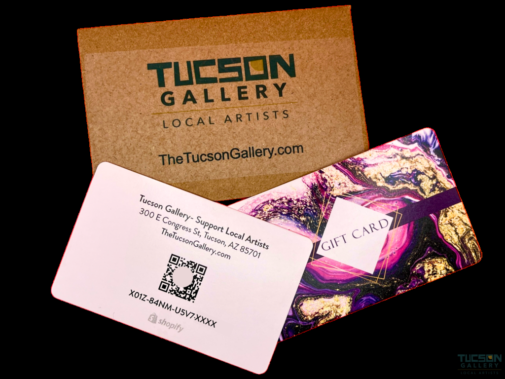 Tucson Gallery gift cards featuring vibrant designs, perfect for souvenirs and gifts to support local artists in AZ.