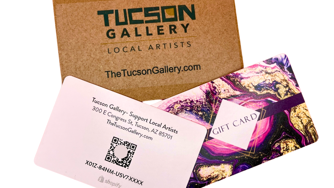 Tucson Gallery gift cards featuring vibrant designs, perfect for souvenirs and gifts to support local artists in AZ.