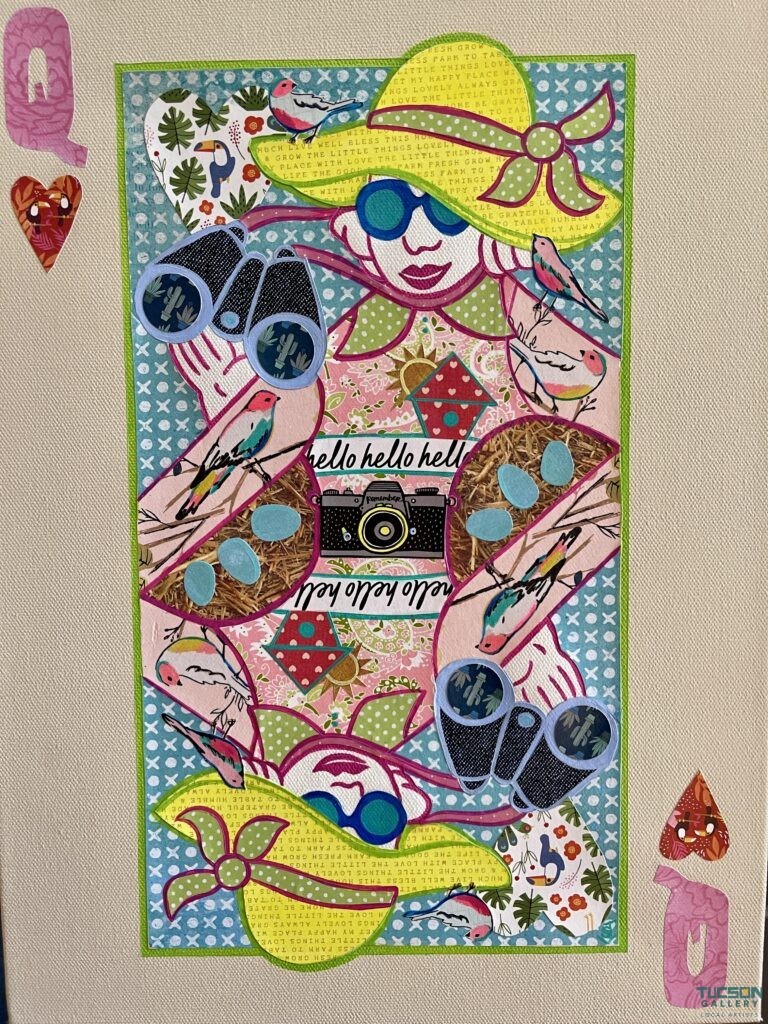 Queen of Hearts birder collage with sunhat, binoculars, birds, and desert flora from Arizona ANTE deck