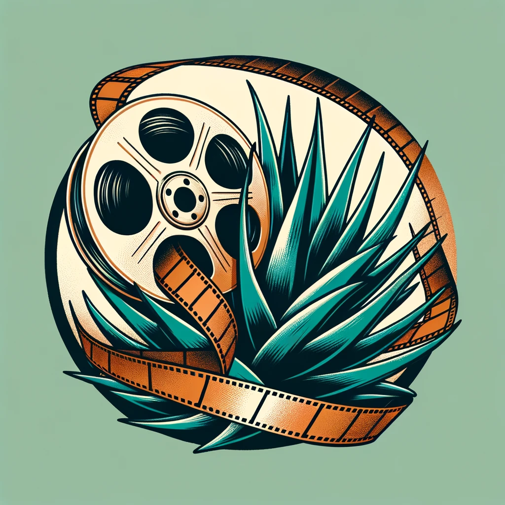 A film reel and Agave plant intertwined, symbolizing the fusion of cinema and mezcal culture against a minimalistic earthy-toned background.