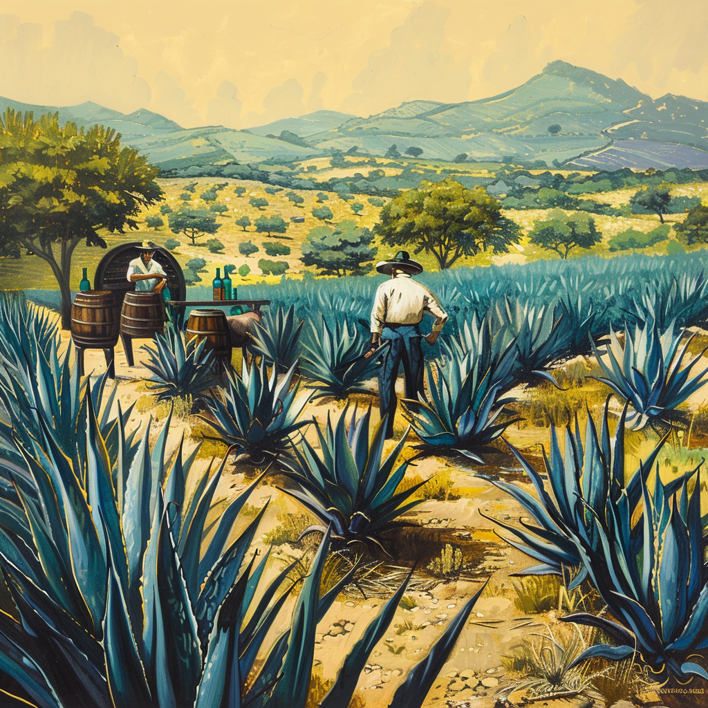 Farmers in traditional attire harvesting Agave plants in a sunlit Mexican field, using long-handled tools to cut the plants, with mature Agave plants in the foreground.