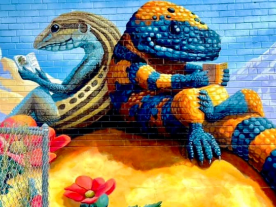 Mural of a Gila monster reading a book by Joe Pagac at Tucson Gallery in AZ.