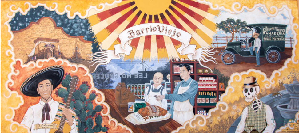 A vibrant mural at Lee Ho Market in Barrio Viego, showcasing Tucson's artistic flair.