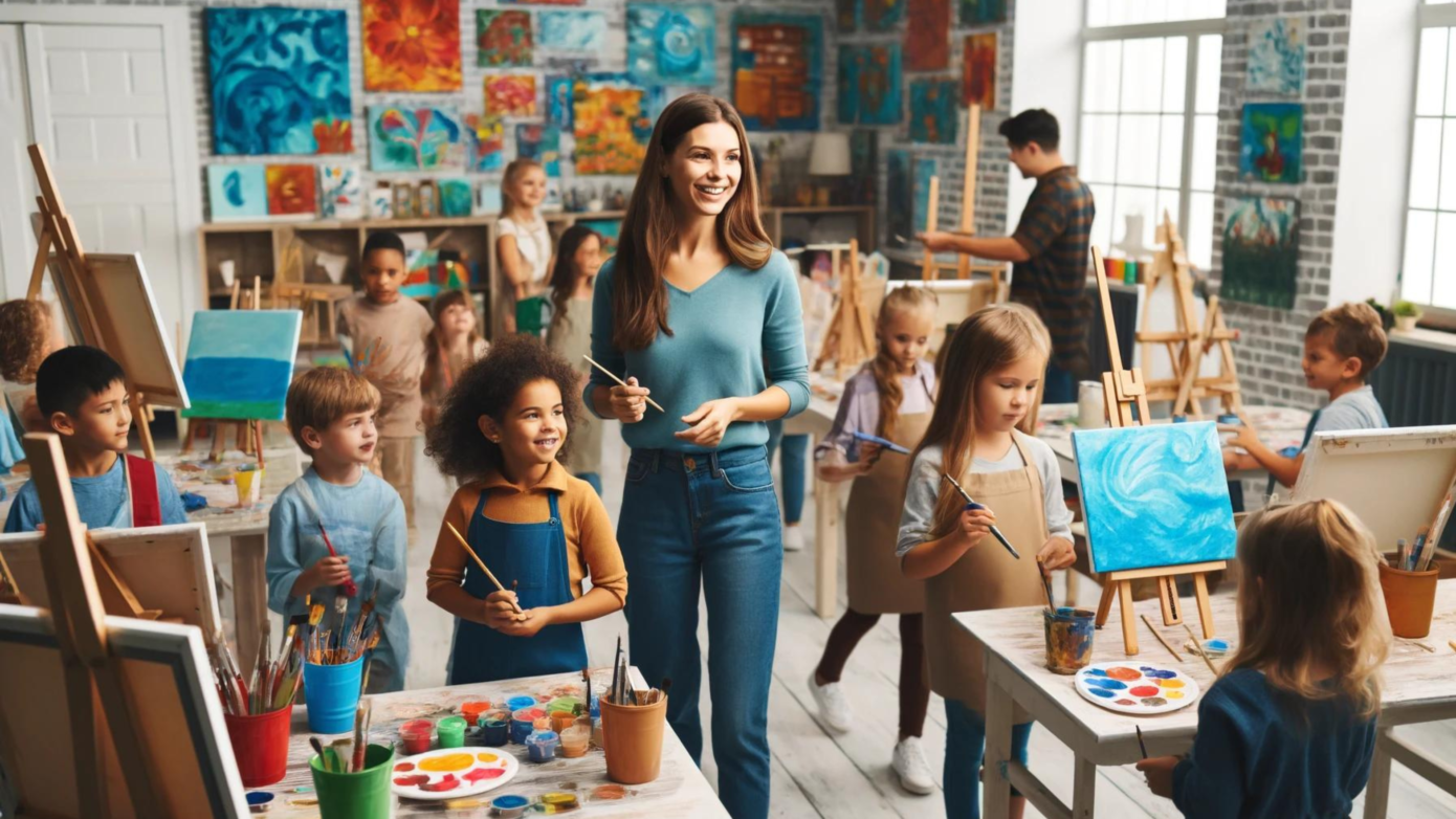 Children painting in an art class, showcasing creativity and joy.