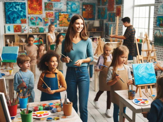 Children painting in an art class, showcasing creativity and joy.