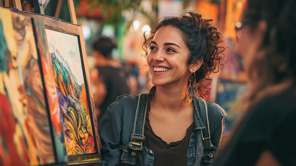 Female artist interacting with a patron in front of a booth displaying vibrant Tucson-themed art.