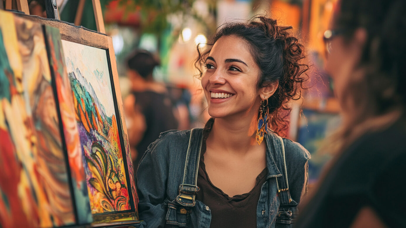 Female artist interacting with a patron in front of a booth displaying vibrant Tucson-themed art.