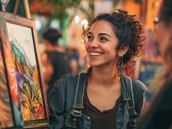 Female artist interacting with a patron in front of a booth displaying vibrant Tucson-themed art.