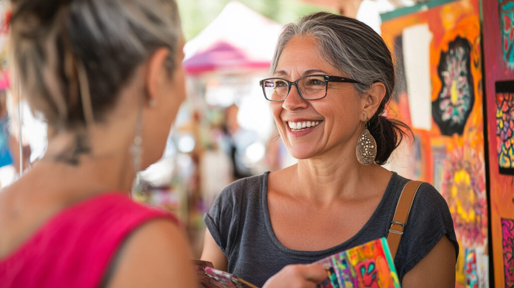 Female artist smiling while explaining her artwork to an engaged visitor at a Tucson art kiosk.