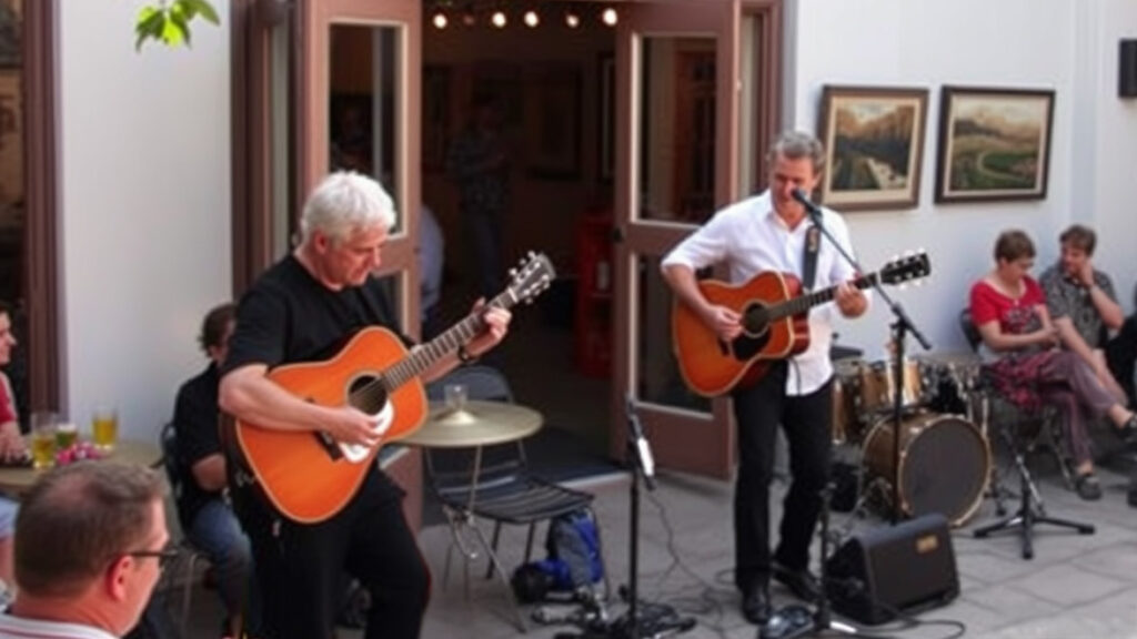 Live band performing at Tucson Gallery's outdoor courtyard for Proper Shops' anniversary.