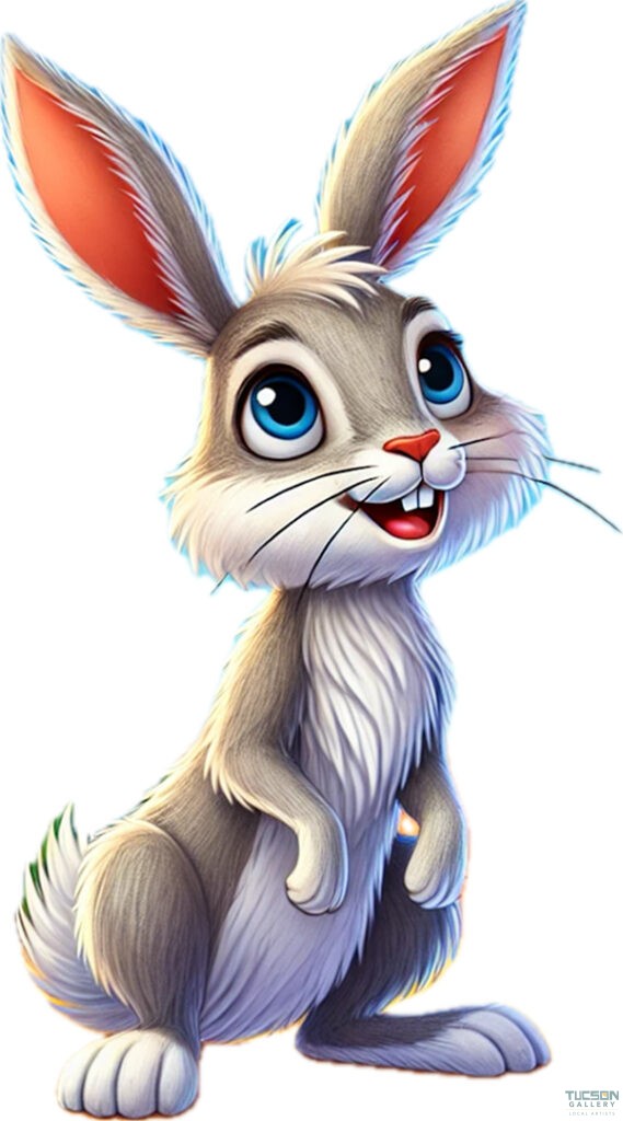 Jack the Jackrabbit, a curious and energetic desert rabbit with tall ears and bright blue eyes, looking eager for adventure. Jack is a character in Xander Meets Javi, and in this story, he discovers the surprising secret of prickly pear cacti. Click to read his adventure!