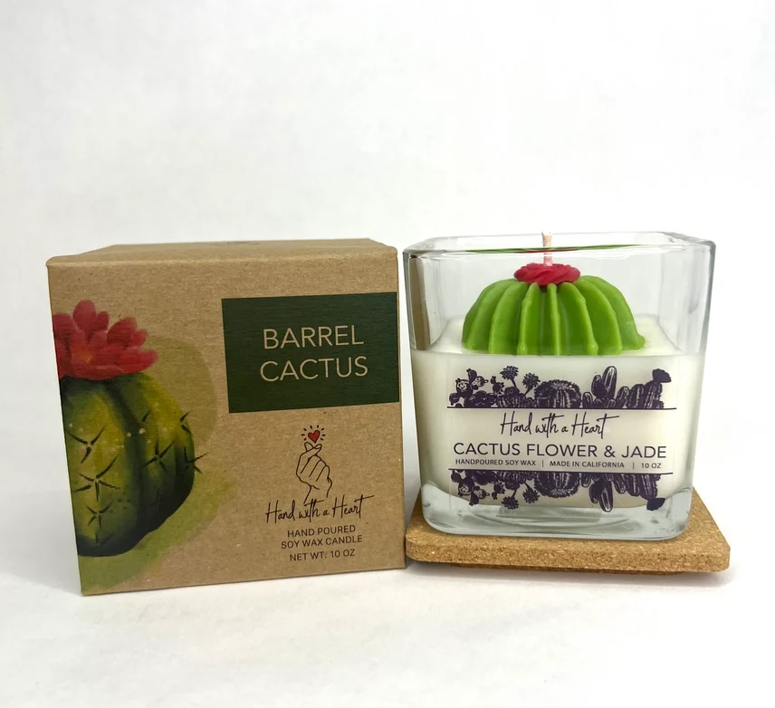 Soy barrel cactus candle with decorative box, available at Tucson Gallery, a stunning art-inspired gift.