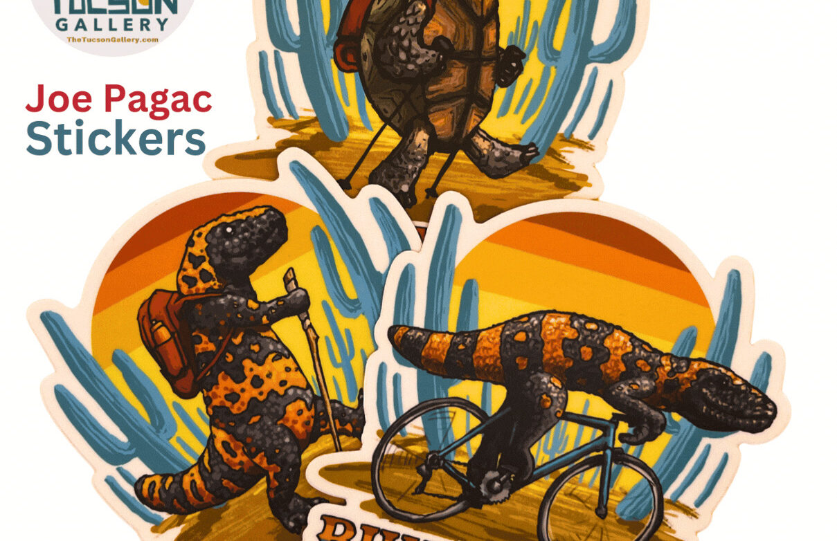 Joe Pagac artist stickers featuring Tucson-inspired designs, available at Tucson Gallery as AZ art gifts and souvenirs.