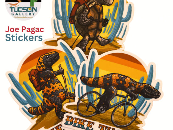 Joe Pagac artist stickers featuring Tucson-inspired designs, available at Tucson Gallery as AZ art gifts and souvenirs.