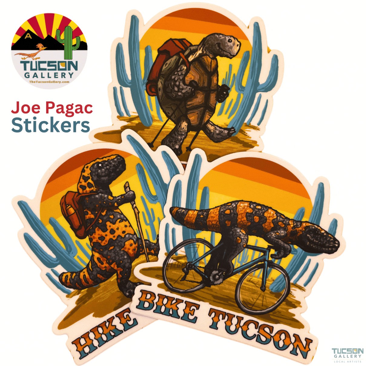 Joe Pagac artist stickers featuring Tucson-inspired designs, available at Tucson Gallery as AZ art gifts and souvenirs.