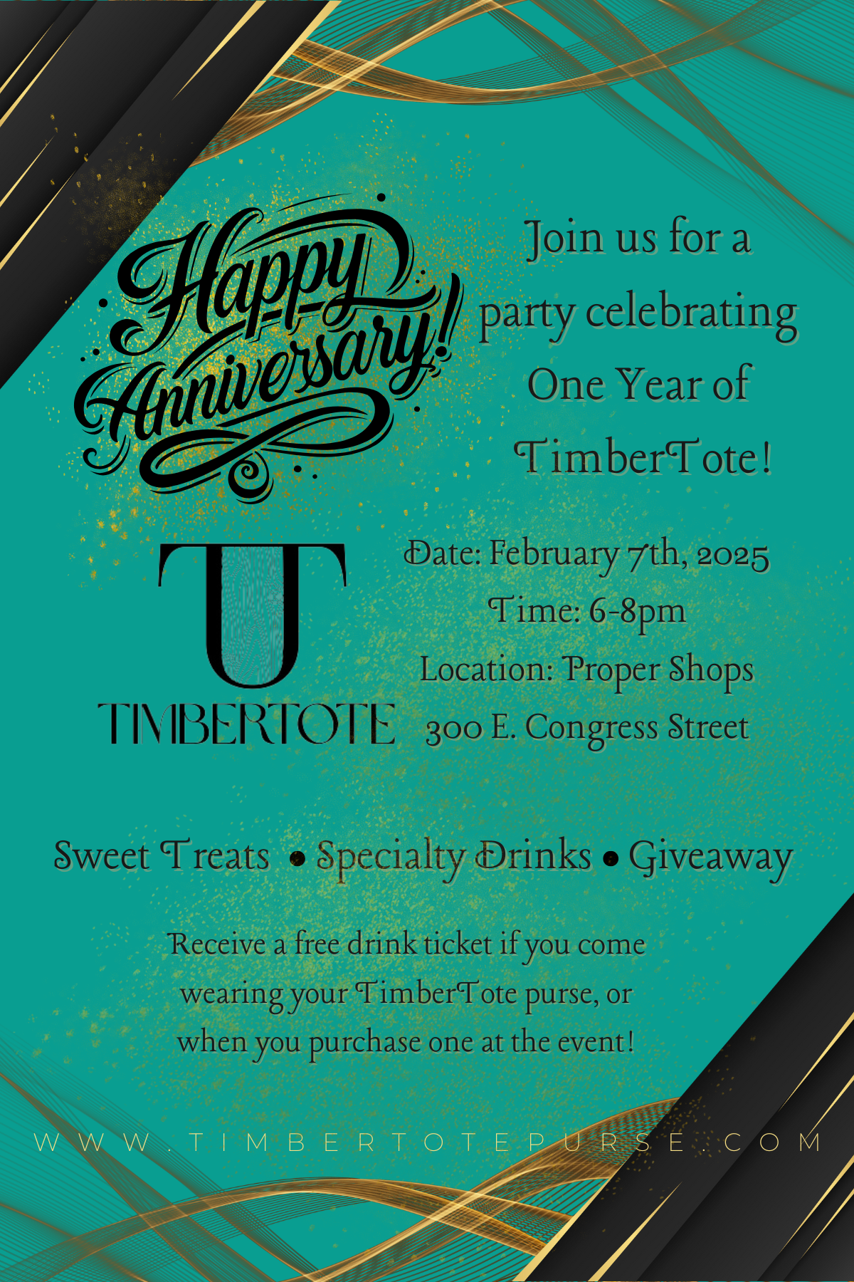 Invitation for TimberTote's One-Year Anniversary Party at Proper Shops in Tucson, featuring event details, free drink promotion, and celebratory graphics.