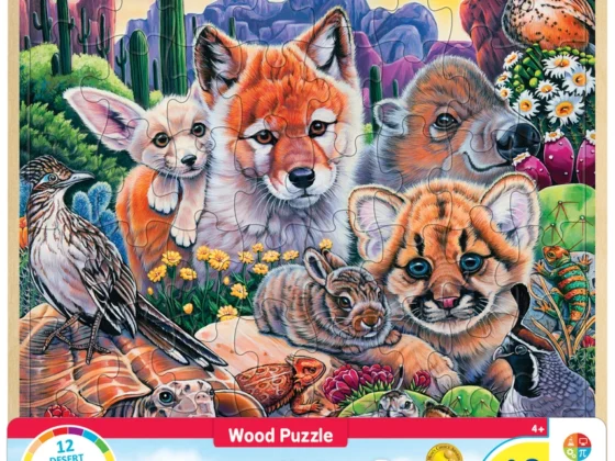 Close-up of the Desert Friends puzzle and packaging with animal facts and illustrations