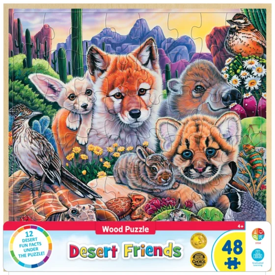 Close-up of the Desert Friends puzzle and packaging with animal facts and illustrations