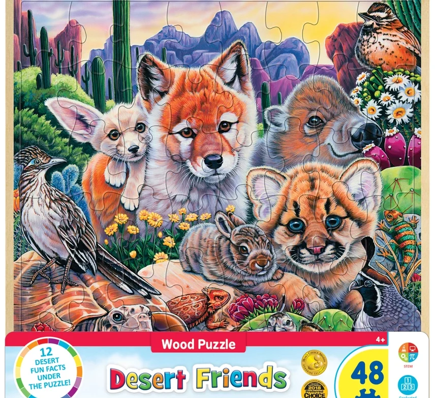 Close-up of the Desert Friends puzzle and packaging with animal facts and illustrations