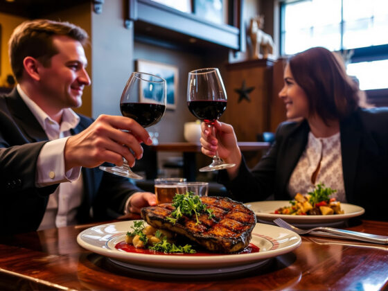 Couple enjoying a romantic steak dinner with wine at Charro Steakhouse in downtown Tucson.