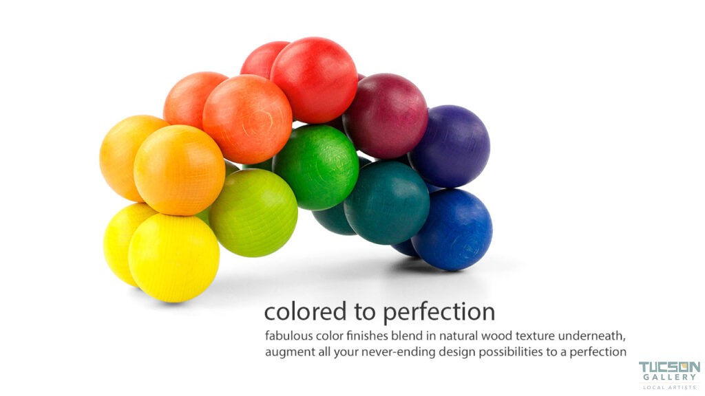 Playable ART Ball arranged in a curved, geometric design with wooden spheres