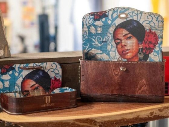 TimberTote wooden purse with curved living-hinge design and artist-printed lining