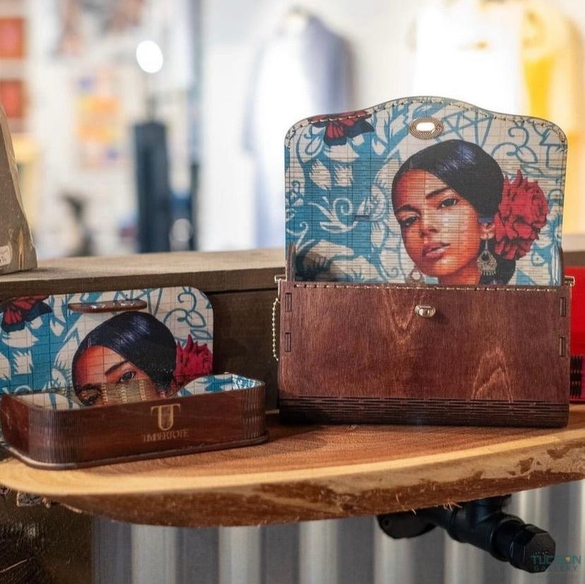 TimberTote wooden purse with curved living-hinge design and artist-printed lining