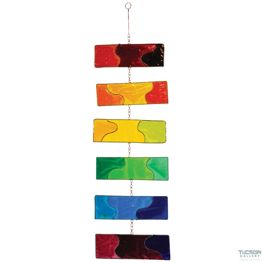 Rainbow Resin Mobile light catcher hanging vertically with six marbled resin panels on a white background