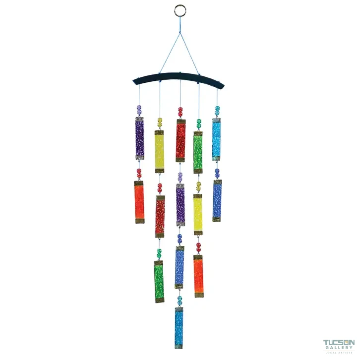 Rainbow textured tiered glass wind chime with multiple hanging strands of colorful glass panels, on a white background