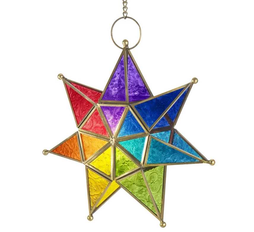 Rainbow seven-point star tealight lantern with textured rainbow panels in a gold-tone metal frame, hanging on a chain