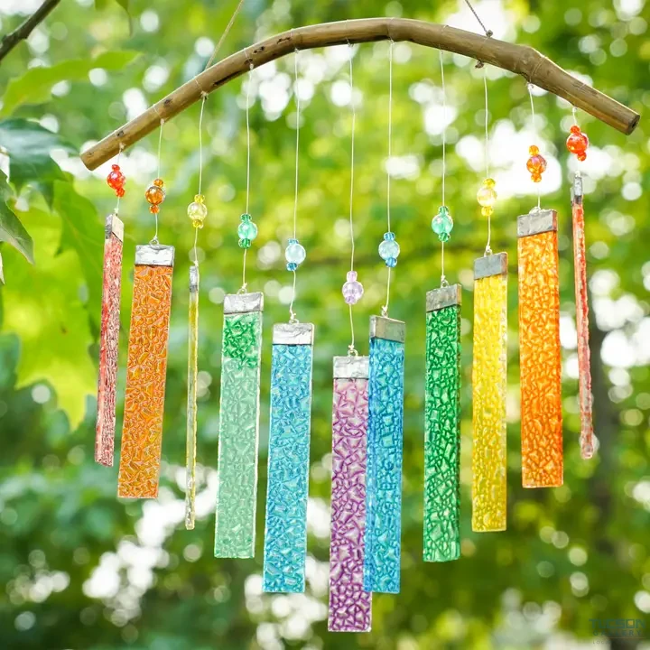 Rainbow textured glass wind chime hanging from a branch with green leaves in the background