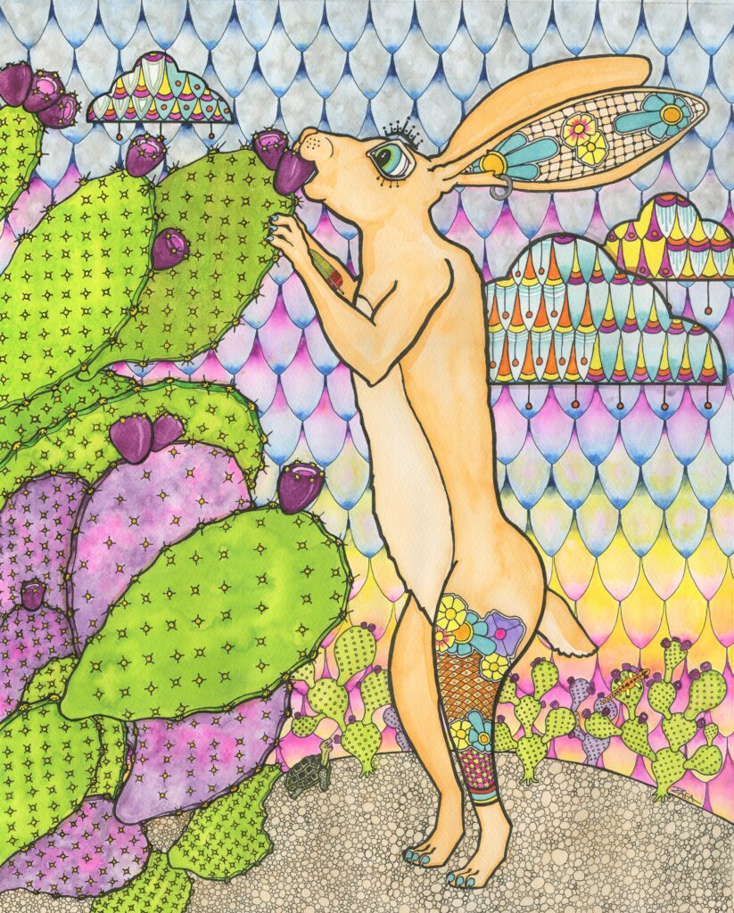 Ralph Philabaum “Chuy Y Noctli” sticker art featuring a stylized desert scene, used to promote Tucson Gallery live painting event.