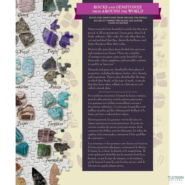 Close-up of Rocks and Gemstones From Around the World 1000-piece puzzle showing labeled minerals and an informational panel.