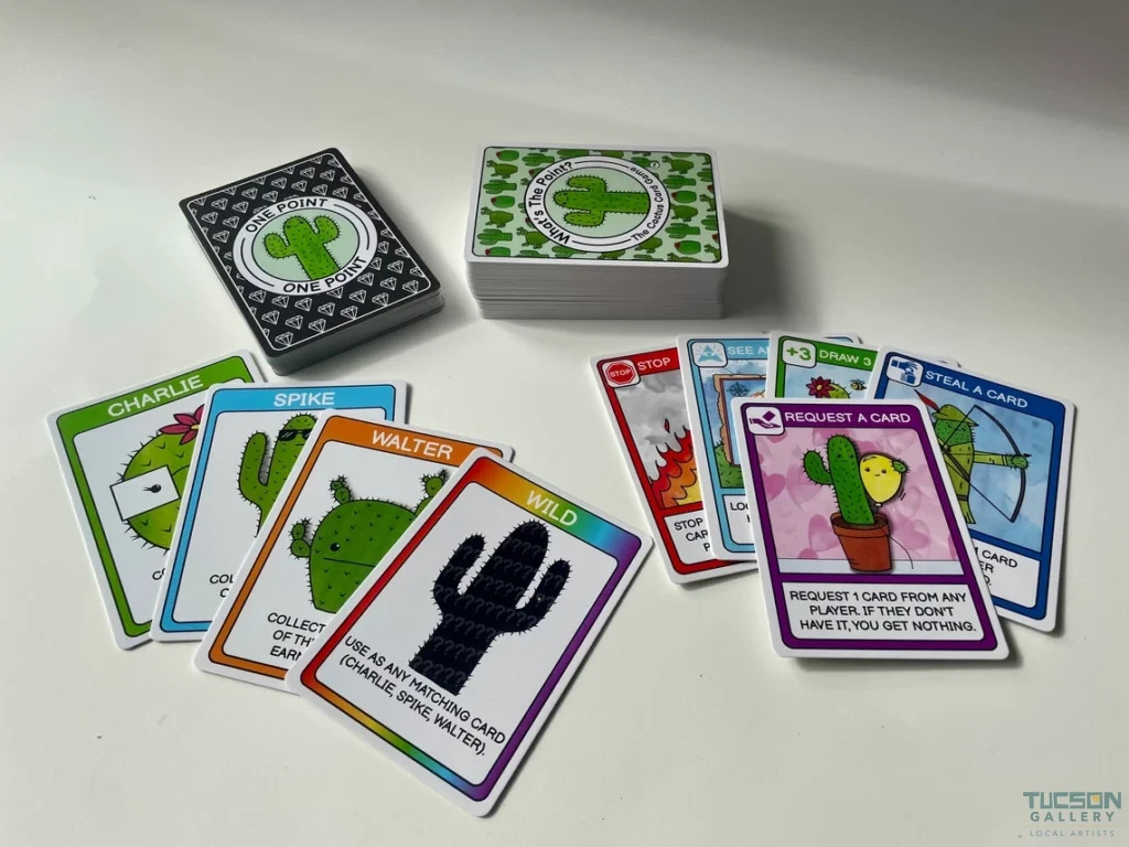 What’s the Point? cactus card game setup with two decks and action cards, a quirky Tucson gift and souvenir.