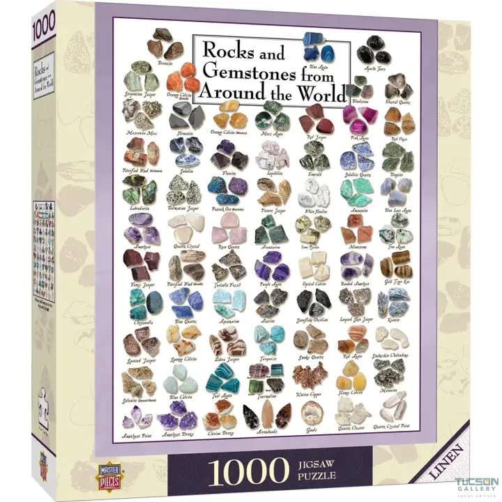 Detail image from the Rocks and Gemstones From Around the World 1000-piece jigsaw puzzle, featuring labeled rock and gemstone puzzle pieces alongside an educational text panel. A smart, science-forward choice for Tucson Gallery gifts and souvenirs.