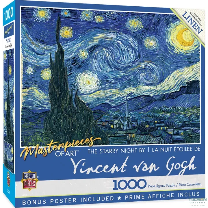 Masterpieces of Art The Starry Night 1000-piece puzzle box by Vincent van Gogh with linen finish, a Tucson Gallery gift and souvenir.