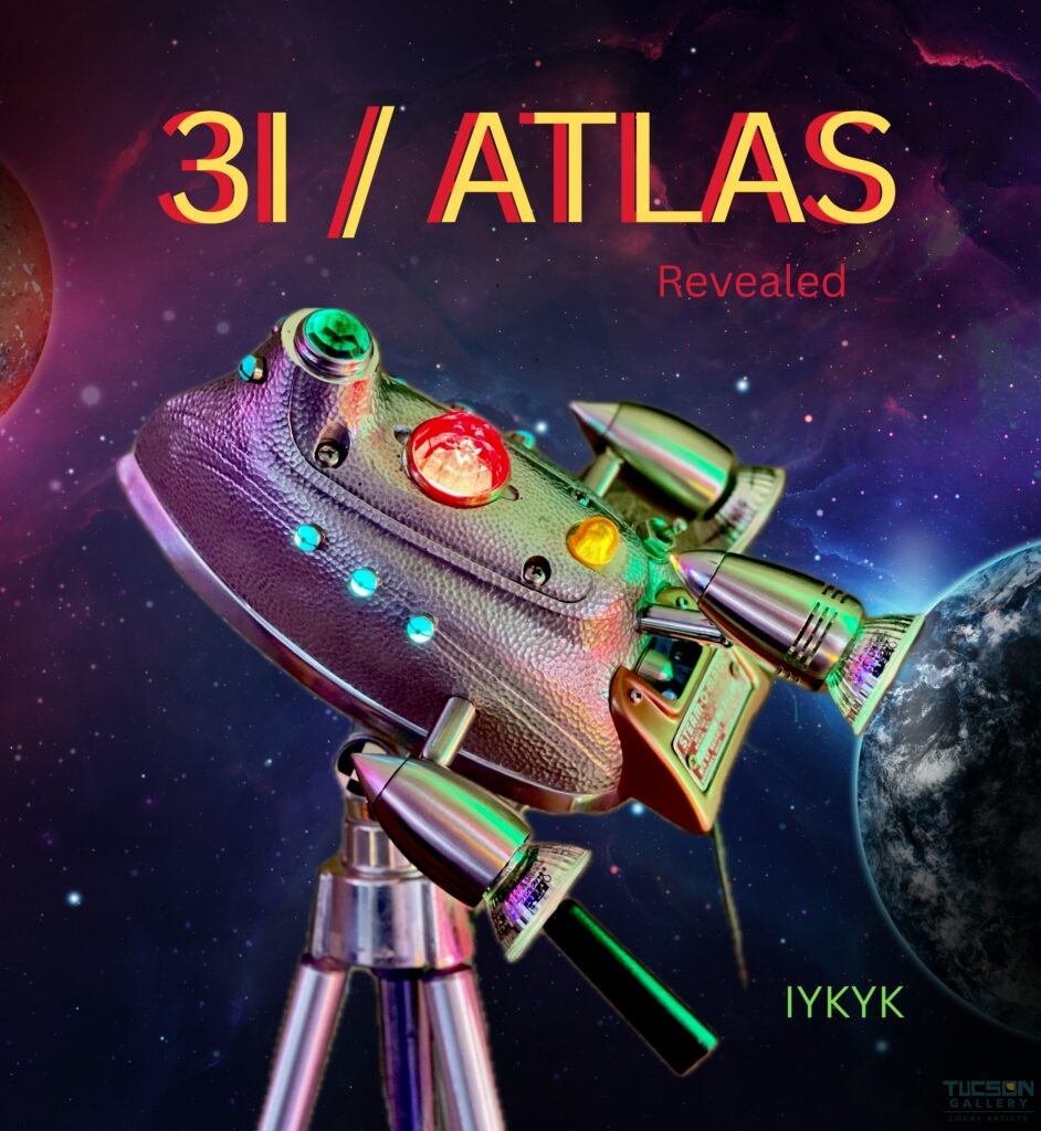 Gerry Grant rocket sculpture titled 3I / ATLAS Revealed, shown flying through a colorful space scene with glowing lights.