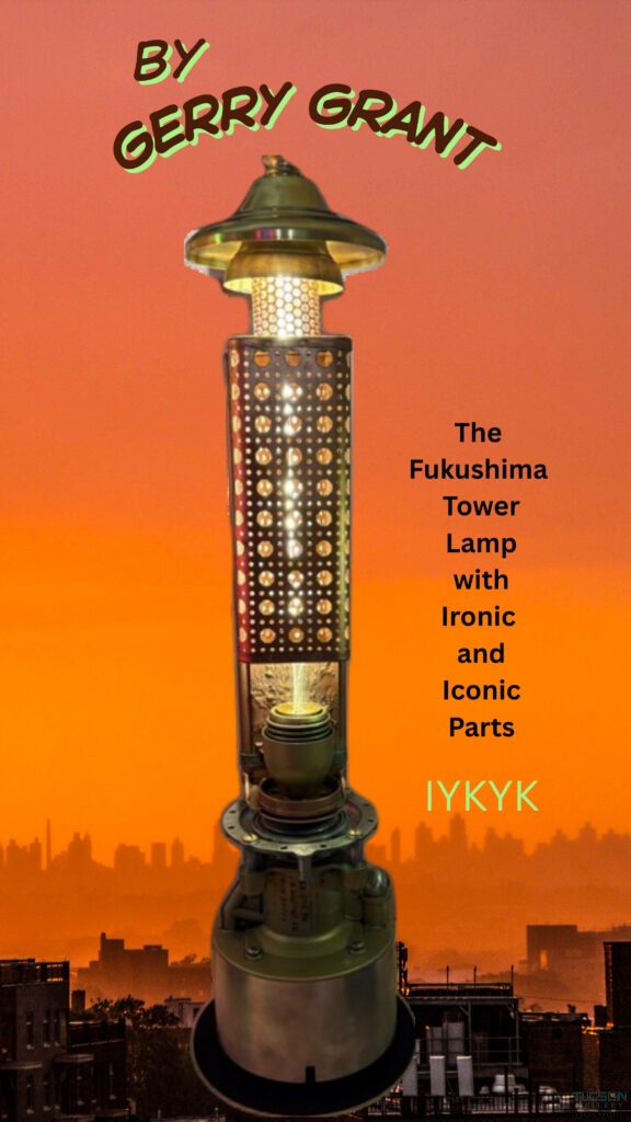 The Fukushima Tower Lamp by Gerry Grant, an illuminated sculptural lamp made with repurposed parts against an orange city skyline.