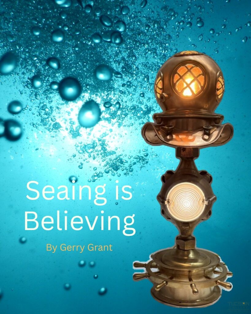 Seaing is Believing by Gerry Grant, an illuminated diving-helmet-inspired lamp sculpture against a blue underwater background.