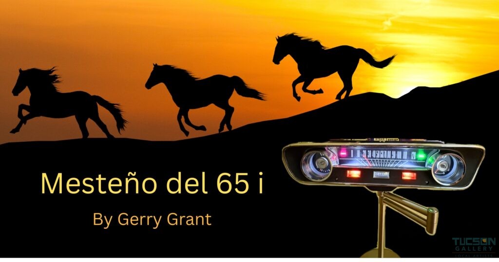 Gerry Grant illuminated lamp sculpture with vintage car dashboard detail, set against silhouetted horses and a golden desert sky.