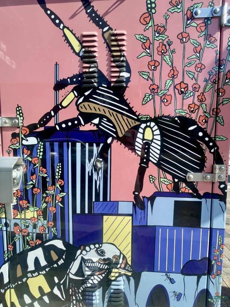 Close-up of a Downtown Tucson utility box art wrap with desert insects, flowers, and colorful details