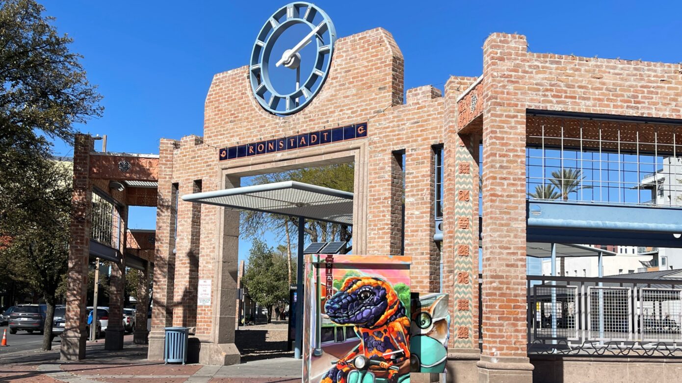 Wrapped utility box art by Pen Macias near the Ronstadt Transit Center in Downtown Tucson